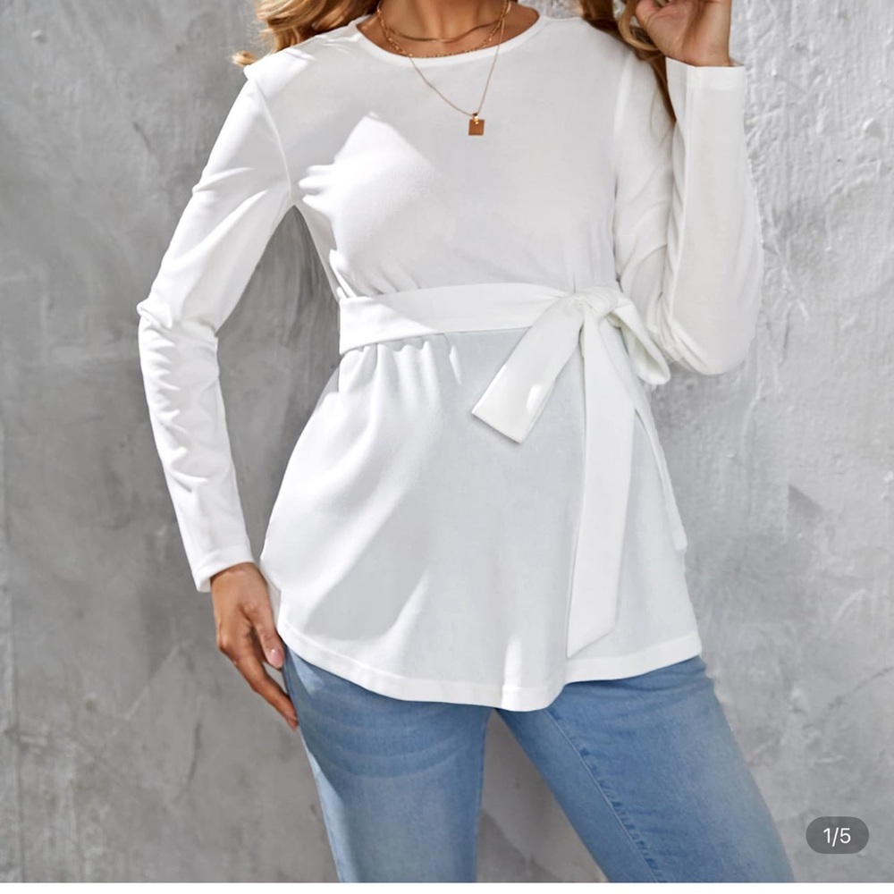Elegant White Long Sleeve Top with Waist Tie - Maternity